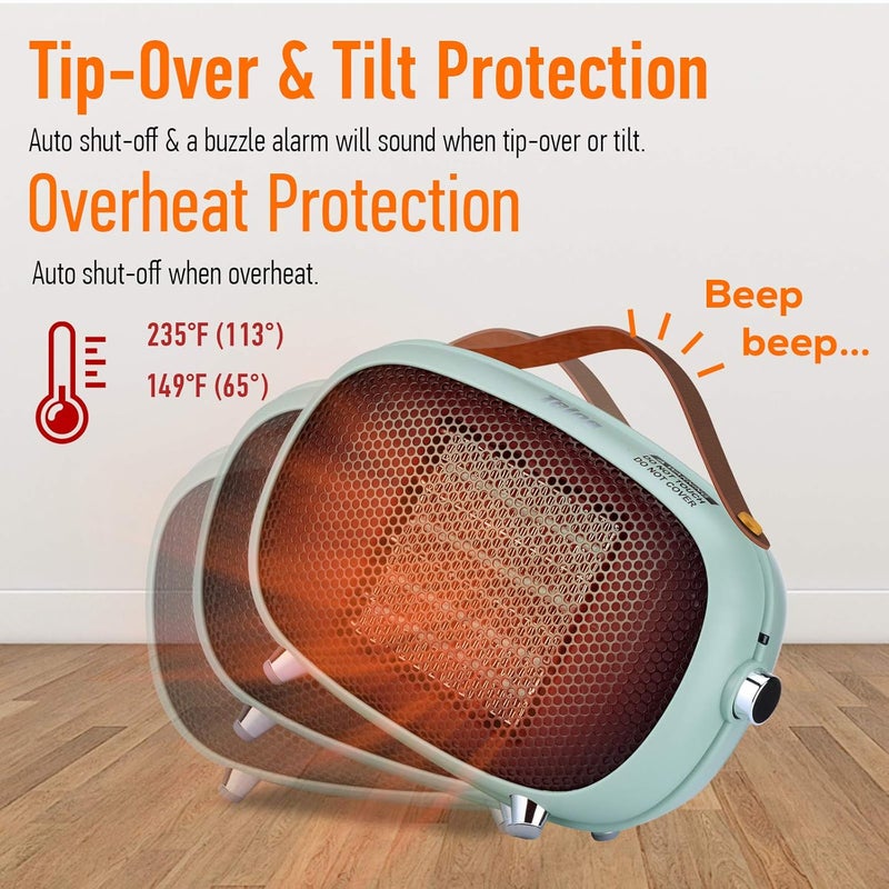 Teioe Space Heater, Mini Electric Space Heater 800W/400W, Small PTC Ceramic Heater with Tip-Over and Overheat Protection, 3 Operating Modes, Space Heaters for Office, Bedroom and Under Desk (GREEN) - Image 4
